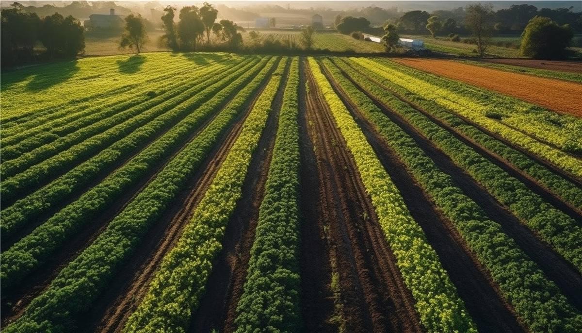 Rows of organic crops at golden hour, ready for harvest