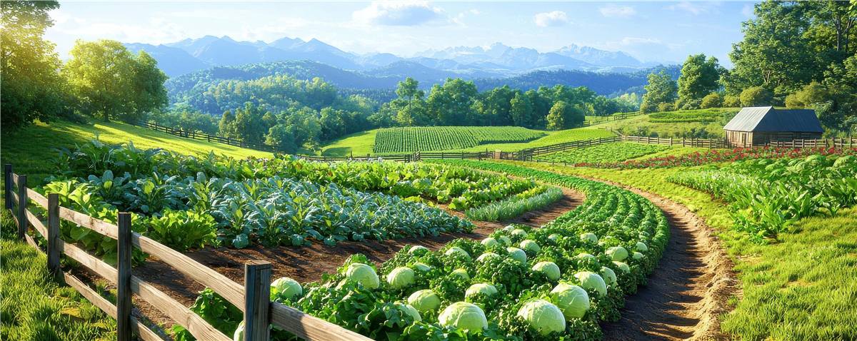 Vibrant rows of organic vegetables in lush green farm